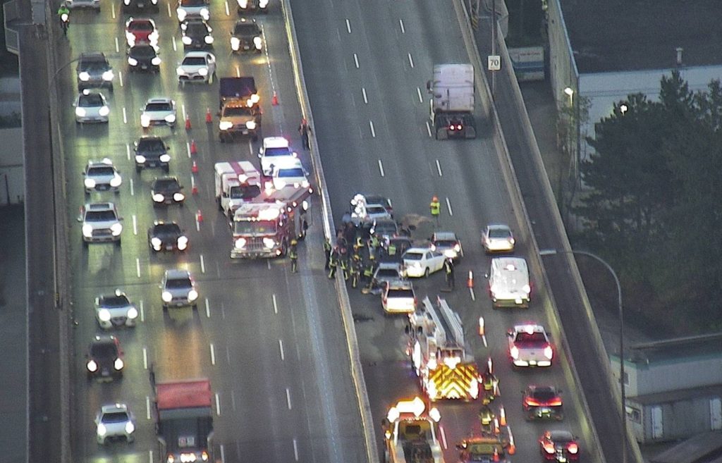 A multi-vehicle crash along the Alex Fraser Bridge has closed multiple lanes in both directions Wednesday morning. (Courtesy DriveBC)