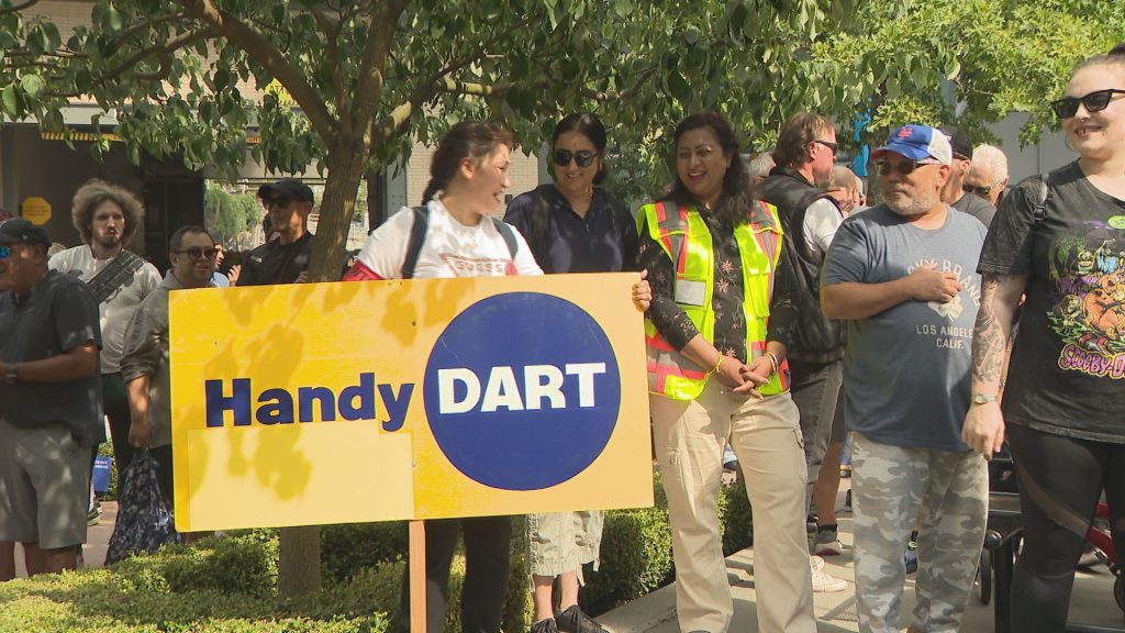 HandyDART workers rally outside TransLink headquarters in New Westminster, B.C. on Tuesday September 10, 2024. (CityNews Image)