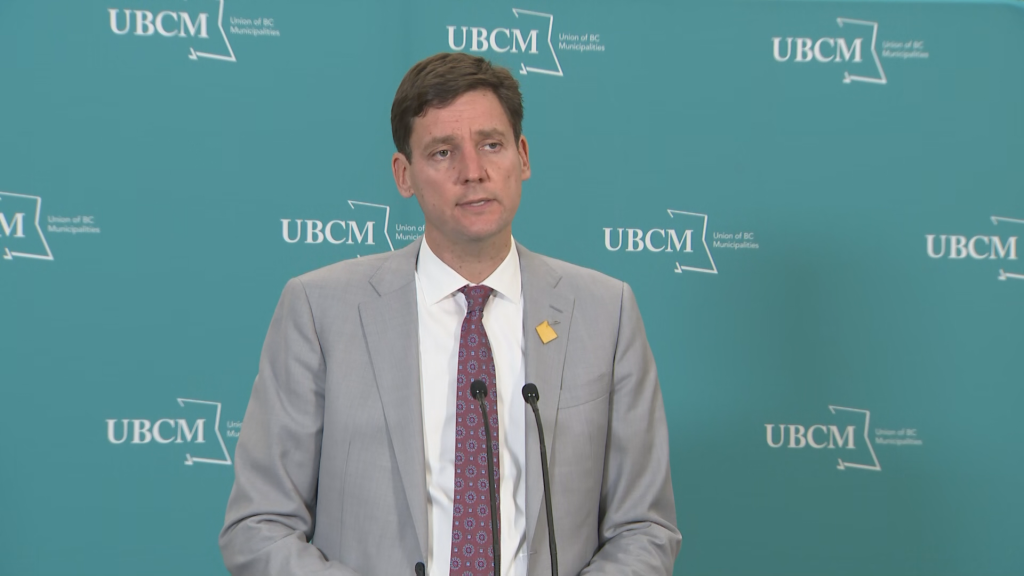 B.C. Premier David Eby speaks to media at the Union of BC Municipalities convention in Vancouver