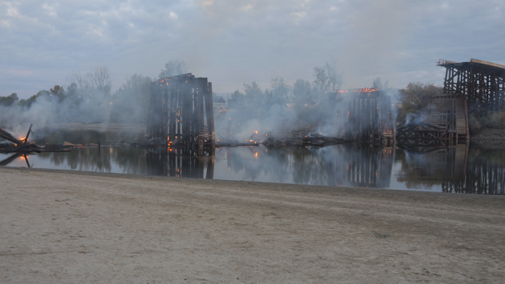 Kamloops Fire Rescue crews on scene of a major fire that caused the collapse of the iconic Red Bridge in Kamloops