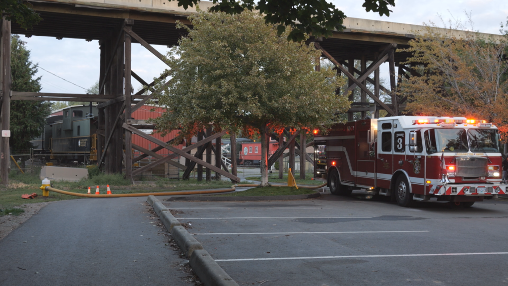 Kamloops Fire Rescue crews on scene of a major fire that caused the collapse of the iconic Red Bridge in Kamloops