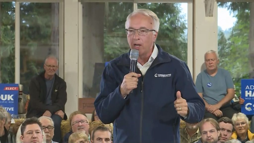 Conservative Party of BC Leader John Rustad speaks to a crowd in Black Creek, B.C. on Saturday September 21, 2024.