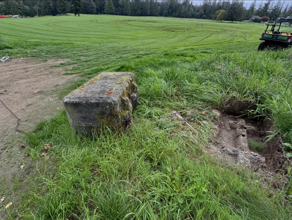 A turf company based in Langley says it's out tens of thousands of dollars after it says vandals destroyed some of its grass by breaking through the gate and doing doughnuts on the field. (Courtesy Western Turf Farms)