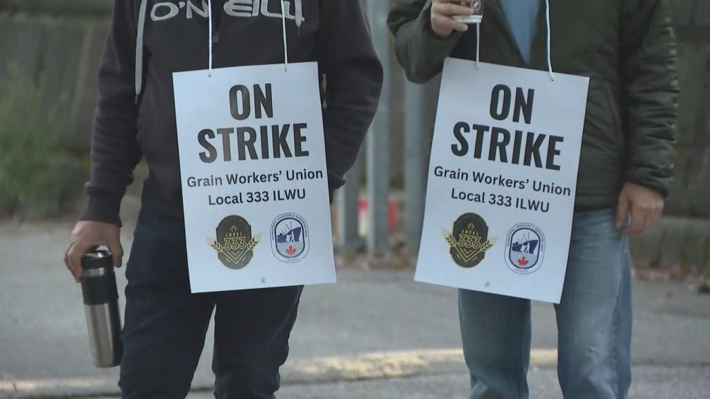 Grain Workers Union Local 333 form a picket line outside a terminal in Vancouver