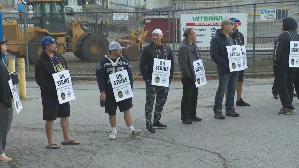 Grain Workers Union Local 333 form a picket line outside a terminal in Vancouver