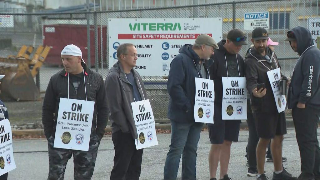 Grain Workers Union Local 333 form a picket line outside a terminal in Vancouver