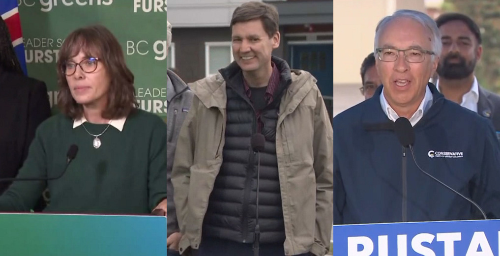 BC NDP Leader David Eby, BC Conservatives Leader John Rustad, and BC Green Leader Sonia Furstenau will come together on Oct. 8. (CItyNews Composite Image)