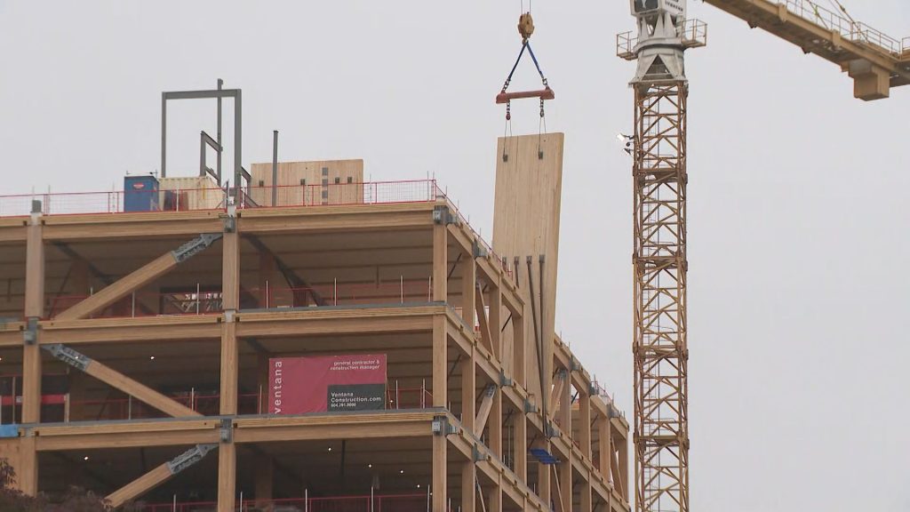 A construction crane incident is seen along Great Northern Way in Vancouve