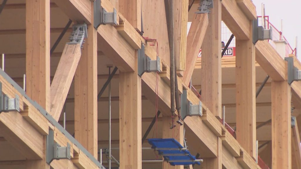 A construction crane incident is seen along Great Northern Way in Vancouve