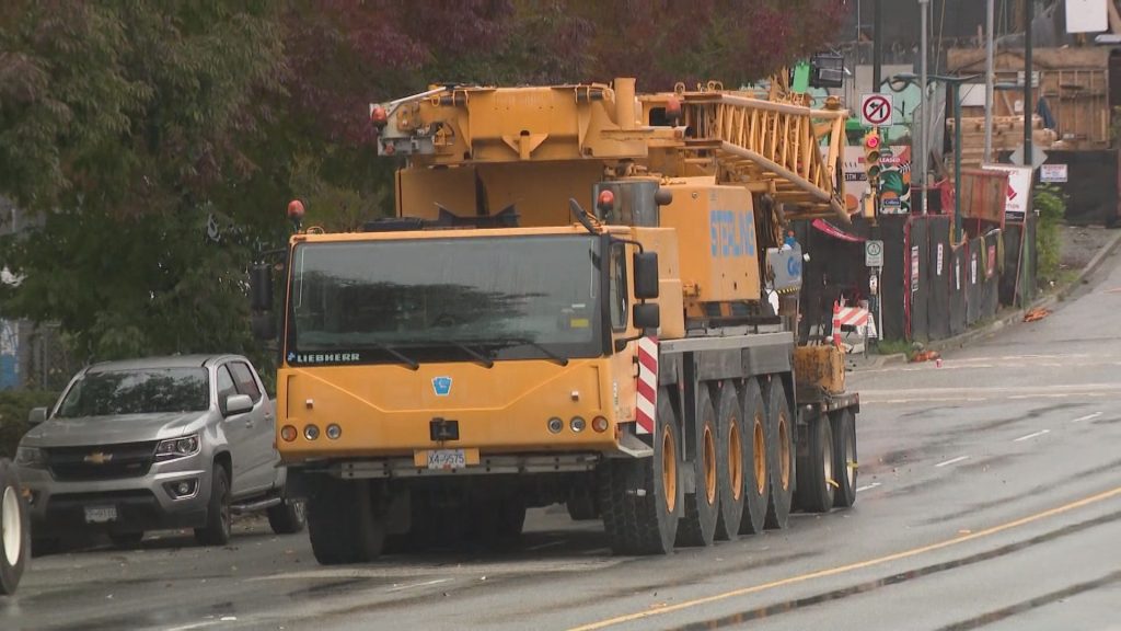 A construction crane incident is seen along Great Northern Way in Vancouve