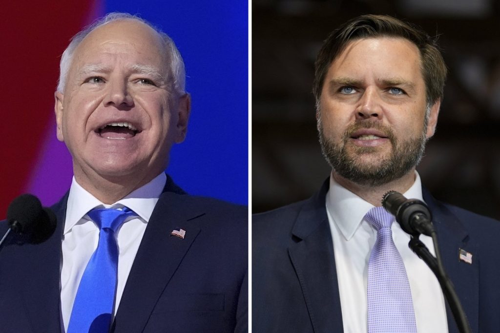 This combination of photos shows Democratic vice presidential candidate Minnesota Gov. Tim Walz, left, at the DNC on Aug. 21, 2024, in Chicago, and Republican vice presidential nominee Sen. JD Vance, R-Ohio, on Sept. 25, 2024, in Traverse City, Mich.