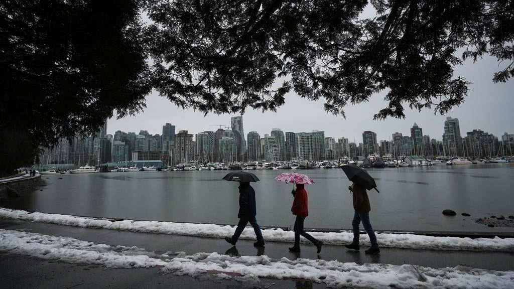 People use umbrellas while walking along the Stanley Park seawall as rain falls while a small amount of snow remains from a previous snowfall in Vancouver