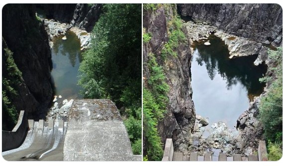 A "potential rockslide" occurred downstream of the Cleveland Dam and above the Capilano River Hatchery in North Vancouver Thursday, says MVRD. Per MVRD, image shows site in 2015 compared to today.