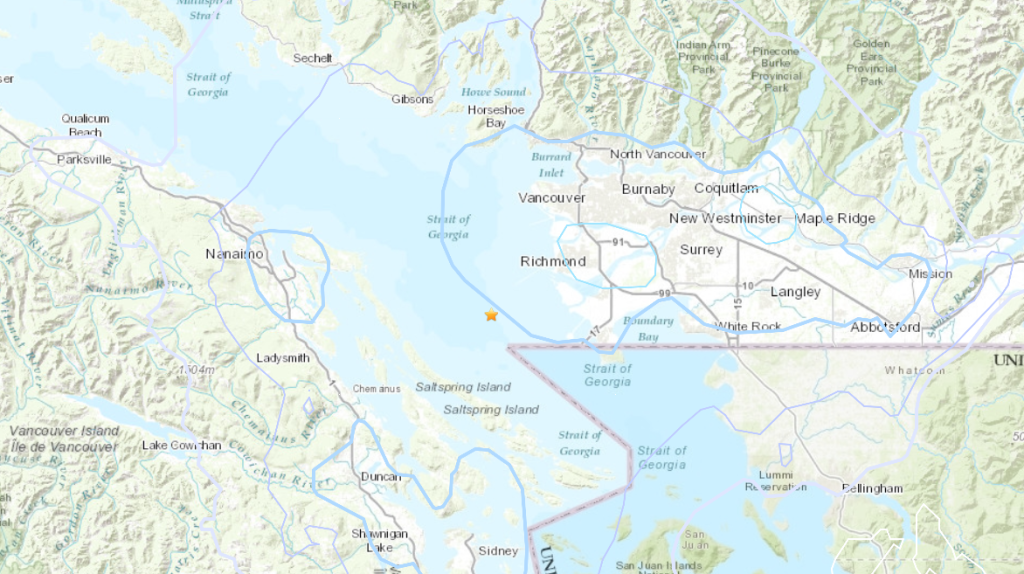 Another earthquake has rattled Metro Vancouver and the Fraser Valley. The 3.8 magnitude struck approximately 20 kilometres west of Tsawwassen. (Courtesy USGS)