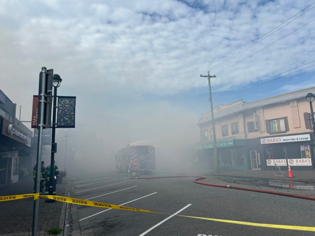 Fire crews continue to battle a raging fire at a restaurant in downtown Langley City.