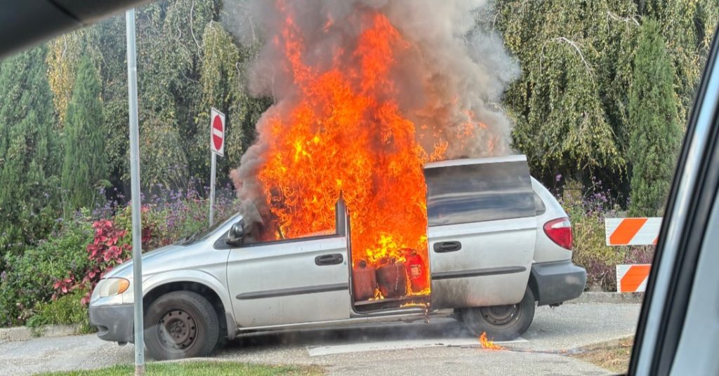 A van was seen on fire outside Vancouver City Hall Oct. 6, 2024. Vancouver Fire Rescue tells CityNews the fire appears to have been intentionally set.