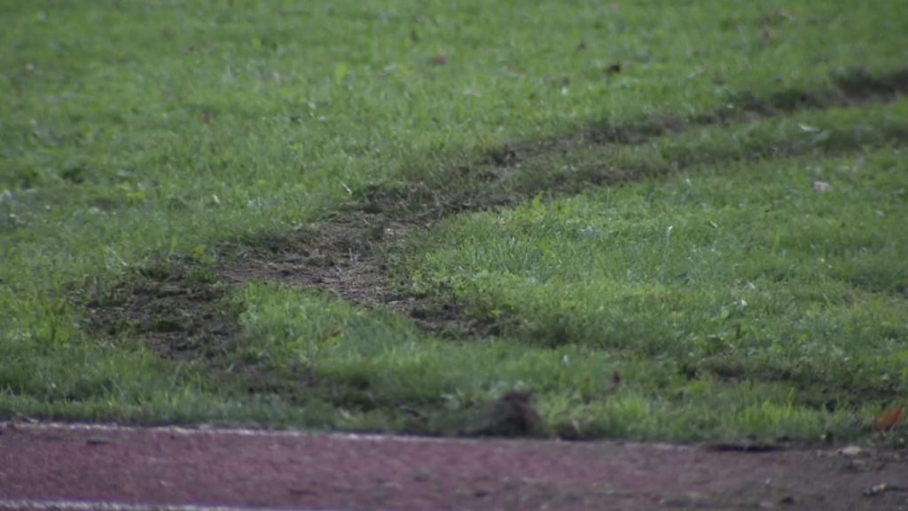 Damage is seen in the grass outside Templeton Park Pool in Vancouver on Sunday October 6, 2024.