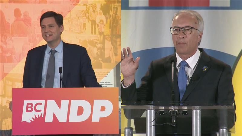 NDP Leader David Eby and Conservative Leader John Rustad addressed party faithful on Saturday, Oct. 19, night. (CityNews Image)