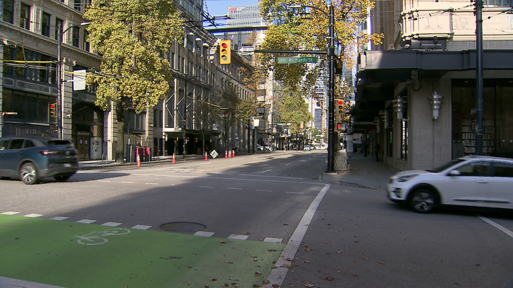 The intersection of West Hastings and Richards streets in Vancouver on Thursday October 24, 2024.