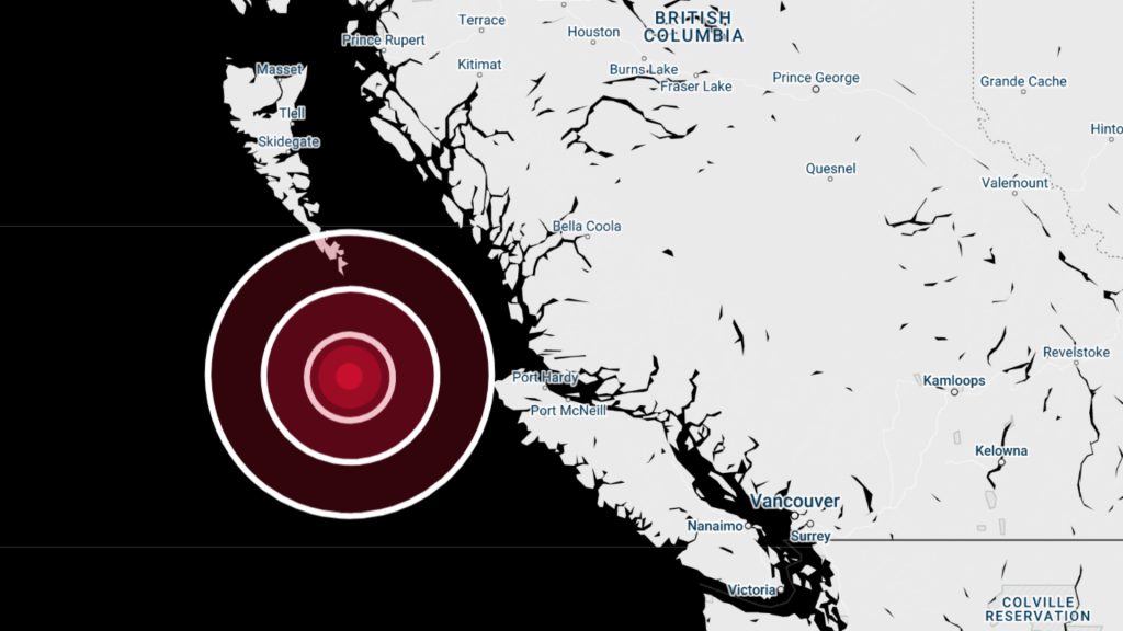 Natural Resources Canada says a 4.1-magnitude earthquake struck at 6:24 a.m. Monday southwest of B.C., 228 km southwest of Bella Bella. This image shows the location of the event.