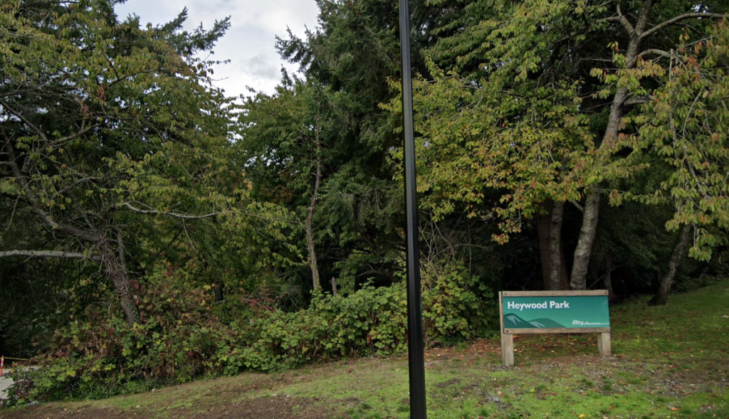 A sign indicating Heywood Park in North Vancouver