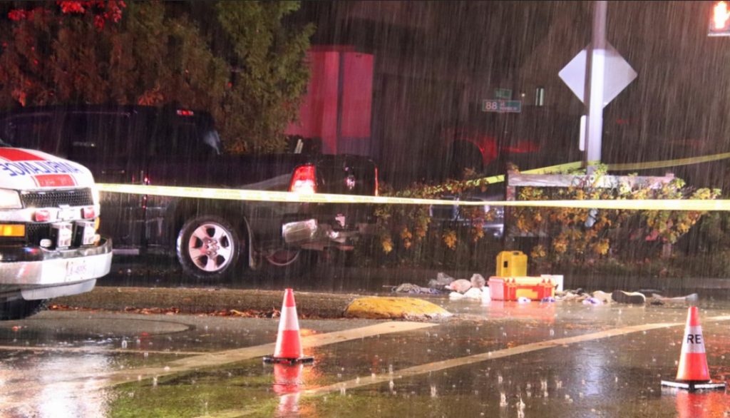 The Surrey RCMP says a pedestrian was struck by a pickup truck Friday evening in the area of 88th Avenue near 144th Street.