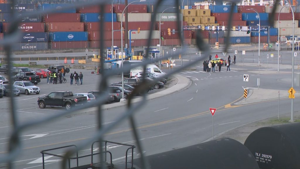 International Longshore and Warehouse Union Local 514 picket in a parking lot in Vancouver on Monday November 4, 2024