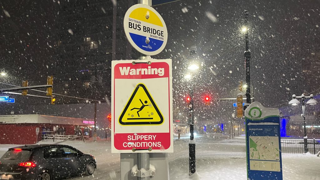 Winter conditions are seen outside of Burquitlam Station in Coquitlam.