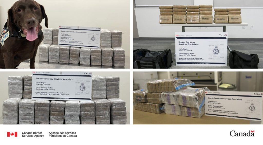 Photo composite of stacks of cocaine seized by CBSA