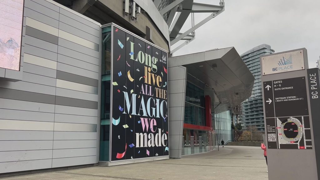 Signage outside BC Place is seen ahead of Taylor Swift's 'Eras Tour'