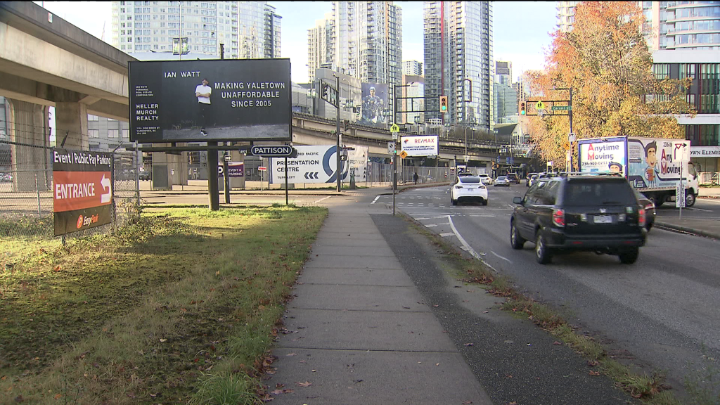 A billboard displaying the words "Making Yaletown Unaffordable since 2005" has resulted in a Vancouver realtor facing threats online.