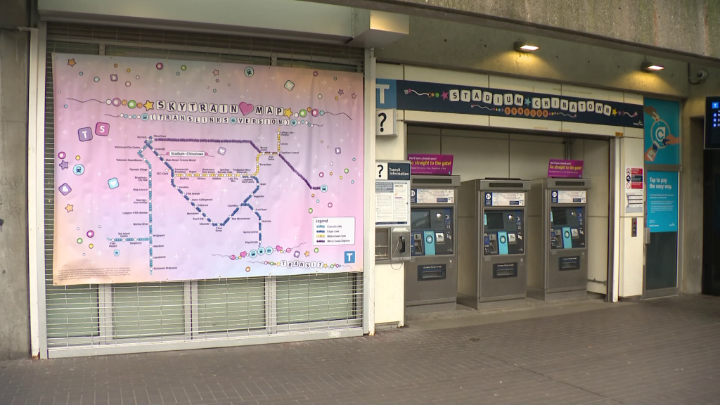 Taylor Swift's Eras Tour TransLink map and station sign.