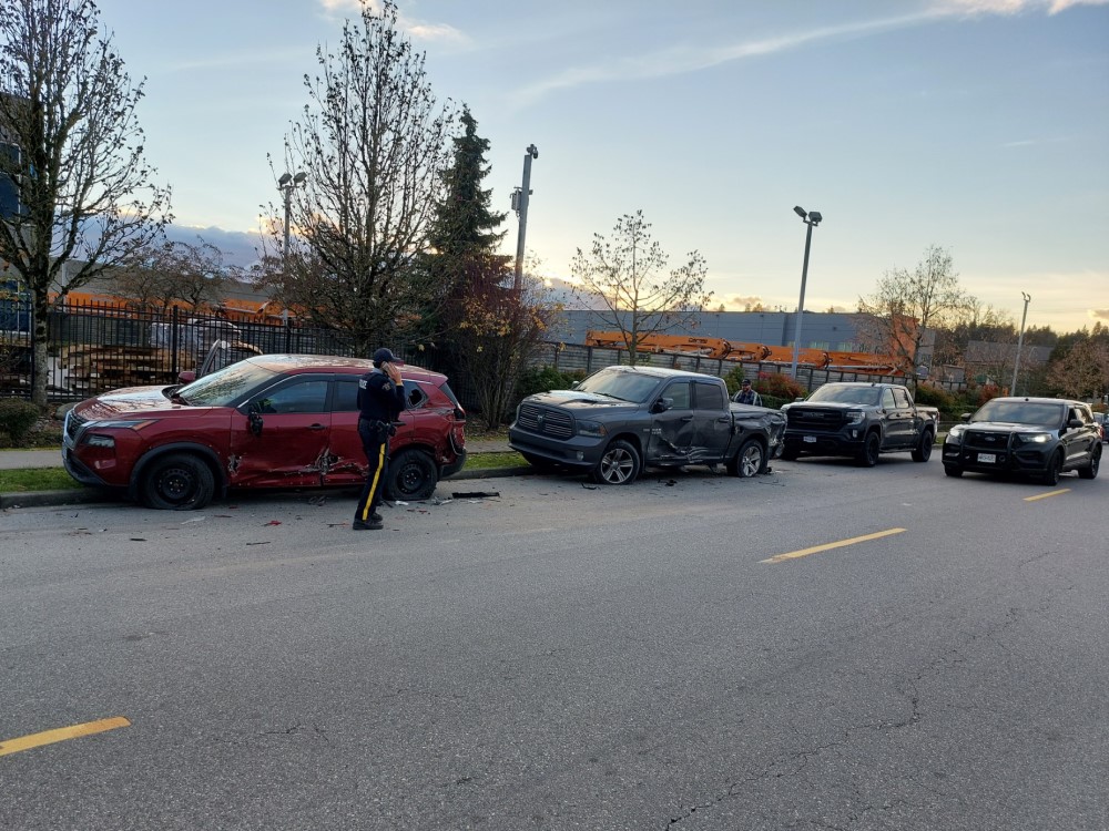 Damage is seen to vehicles on Industrial Avenue in Port Coquitlam.