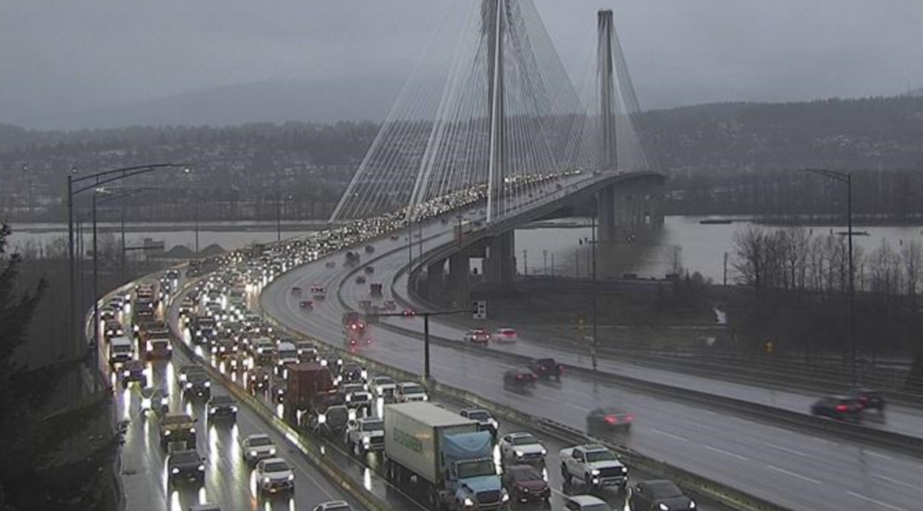 Multiple lanes blocked eastbound on the Port Mann Bridge due to a vehicle incident Dec. 13, 2024.