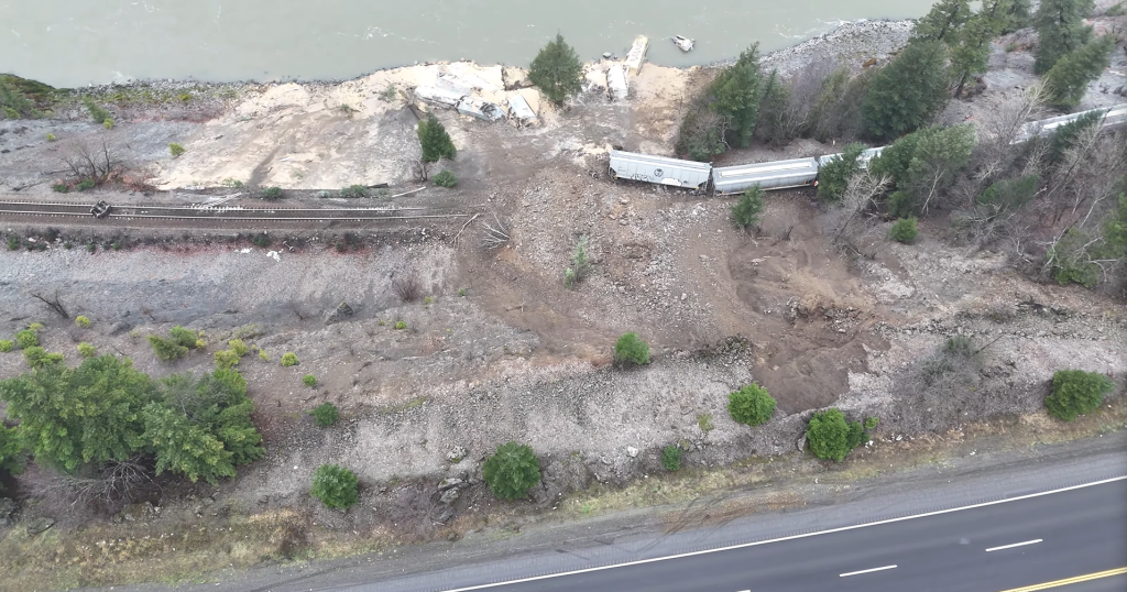 A debris flow is seen in the Fraser Canyon near Boston Bar, B.C. on Sunday December 22, 2023.