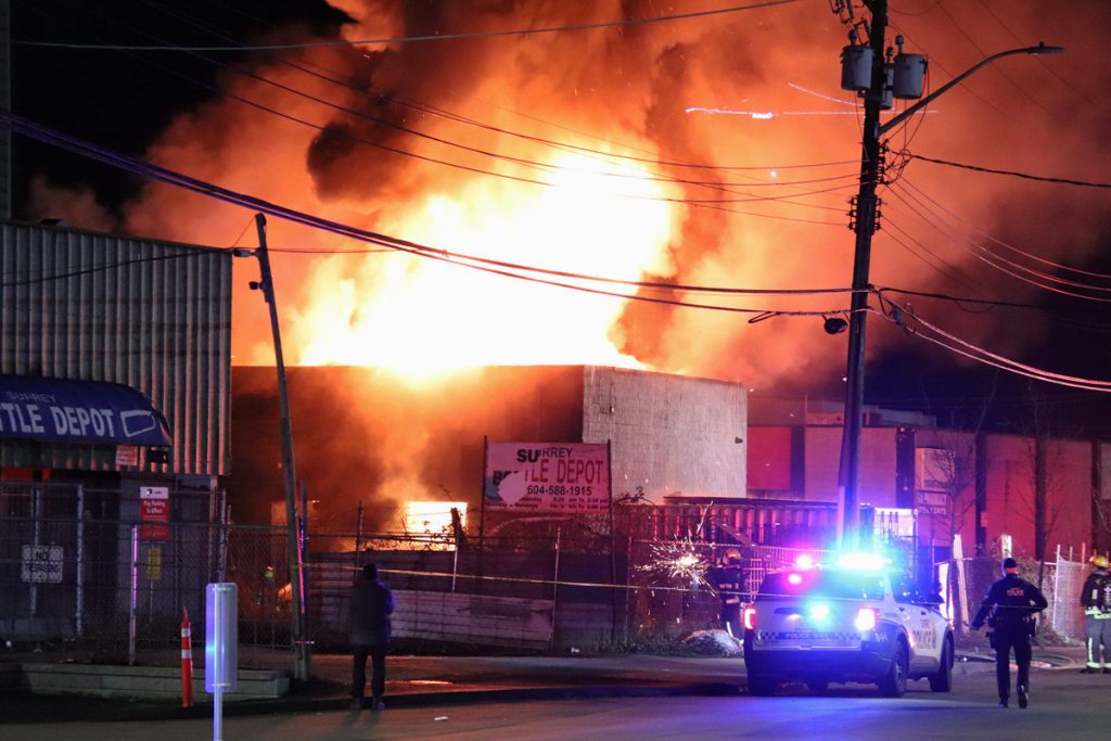 It appears that at least three businesses have been badly damaged after a late-night fire in Surrey on Wednesday. (Credit Shane MacKichan)