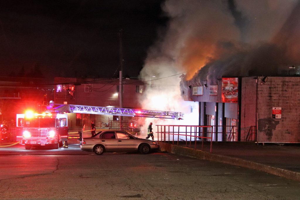 It appears that at least three businesses have been badly damaged after a late-night fire in Surrey on Wednesday. (Credit Shane MacKichan)