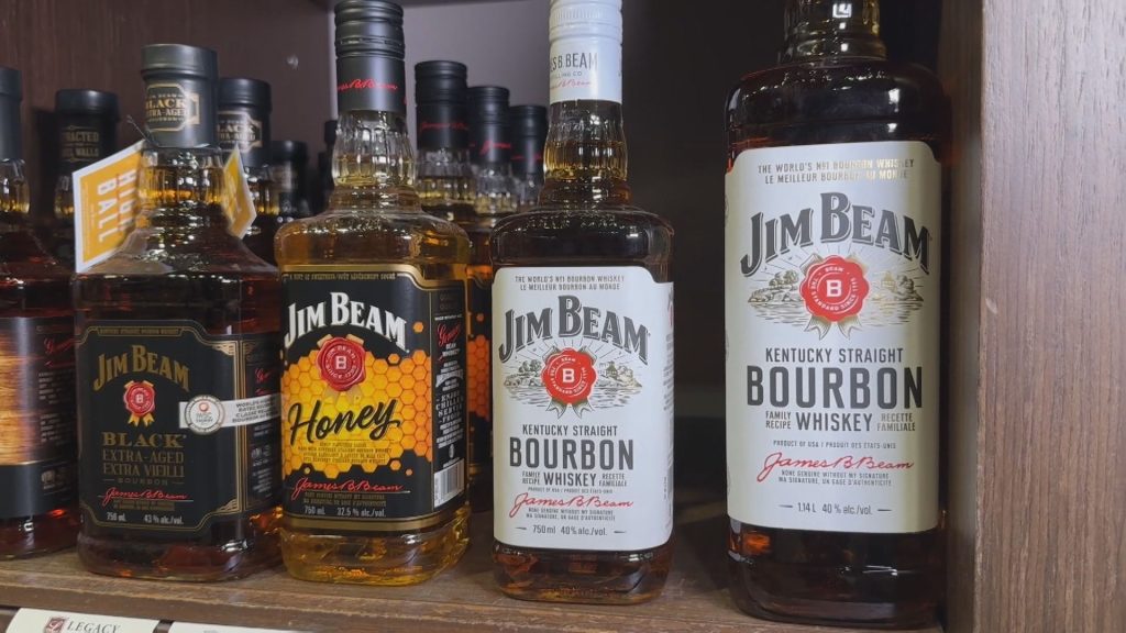 American Whiskey is seen on the shelf of a liquor store in Vancouver.