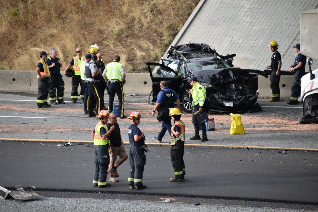 Emergency responders on scene of a serious collision in Langley on Thursday August 7, 2025.