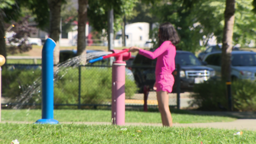 Kids are seen enjoying a spray park in Surrey on Monday August 11, 2025.
