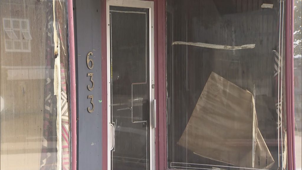 A burned out store front is seen in New Westminster