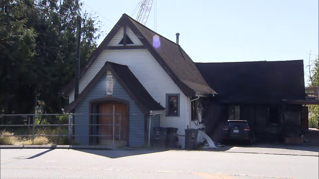 The burned exterior of a former church building