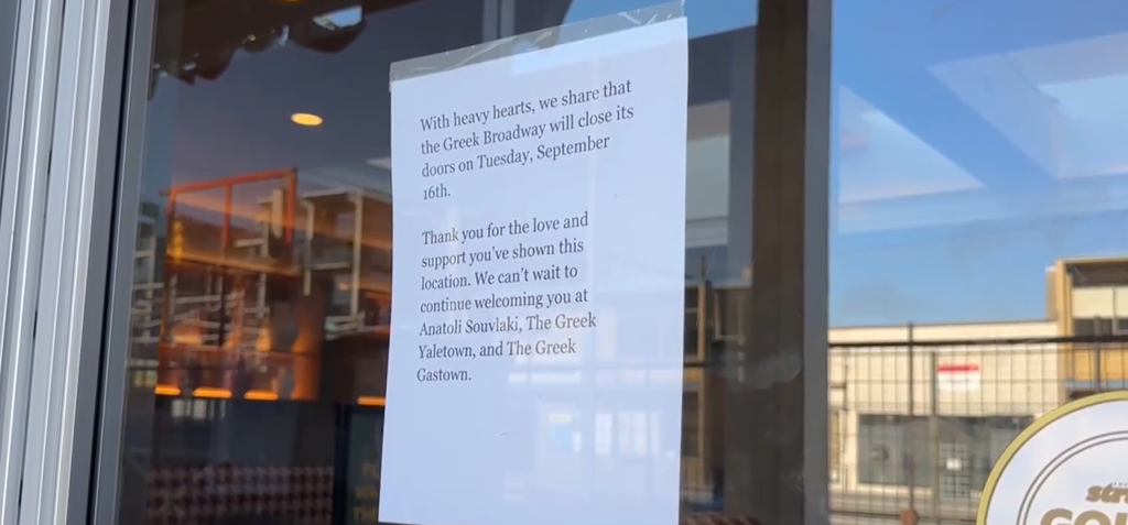 The Greek closed its doors this week, citing construction delays and ongoing disruptions that have made it impossible to keep this location going.