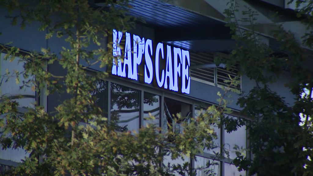 Police investigate shots fired outside Kap's Café in Surrey on Thursday October 16, 2025.