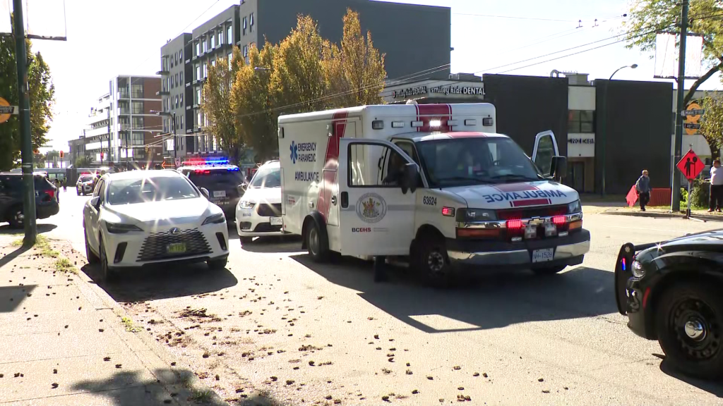 A car has crashed into a medical office at Main Street and 49th in Vancouver on Oct. 17, 2025.
