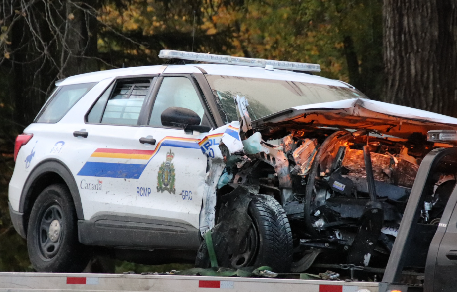 A badly damaged Chilliwack RCMP vehicle