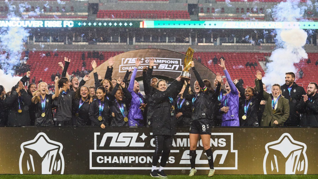 Vancouver Rise FC celebrate after winning the 2025 inaugural NSL championship against AFC Toronto in Toronto, on Saturday, Nov. 15, 2025. THE CANADIAN PRESS/Sammy Kogan
Sammy Kogan