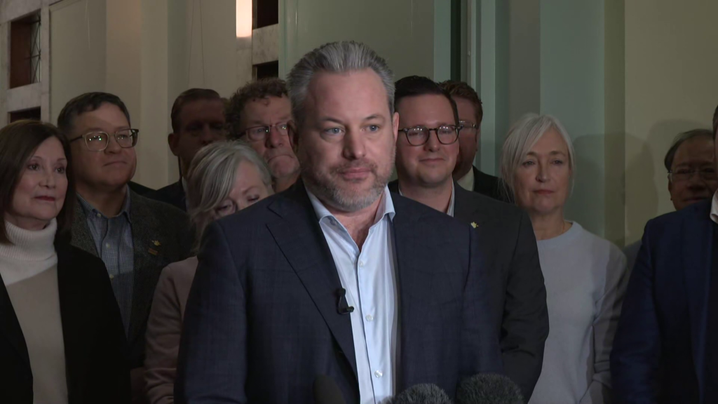 Interim Conservative Party of BC Leader Trevor Halford speaks from the B.C. Legislature on Thursday December 4, 2025.