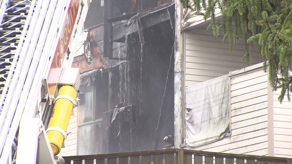 The balcony of a burned apartment building in Coquitlam