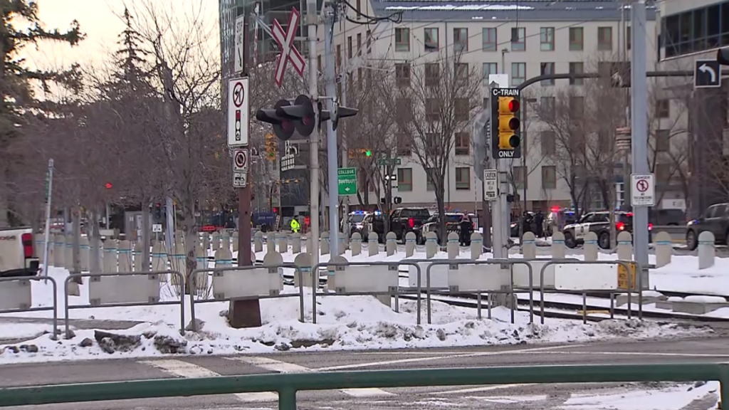 Crews on scene at 5 Avenue and 9 Street SW in Calgary on Monday, Dec. 15, 2025 following an incident involving a suspected impaired driver. (Noah Laycock, CityNews image)